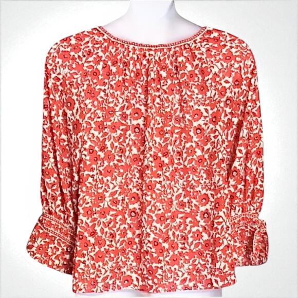 Max Studio 2X Red Floral Boho Peasant Top NWT Plus Size Flowy Bell Sleeve Blouse - Picture 4 of 6